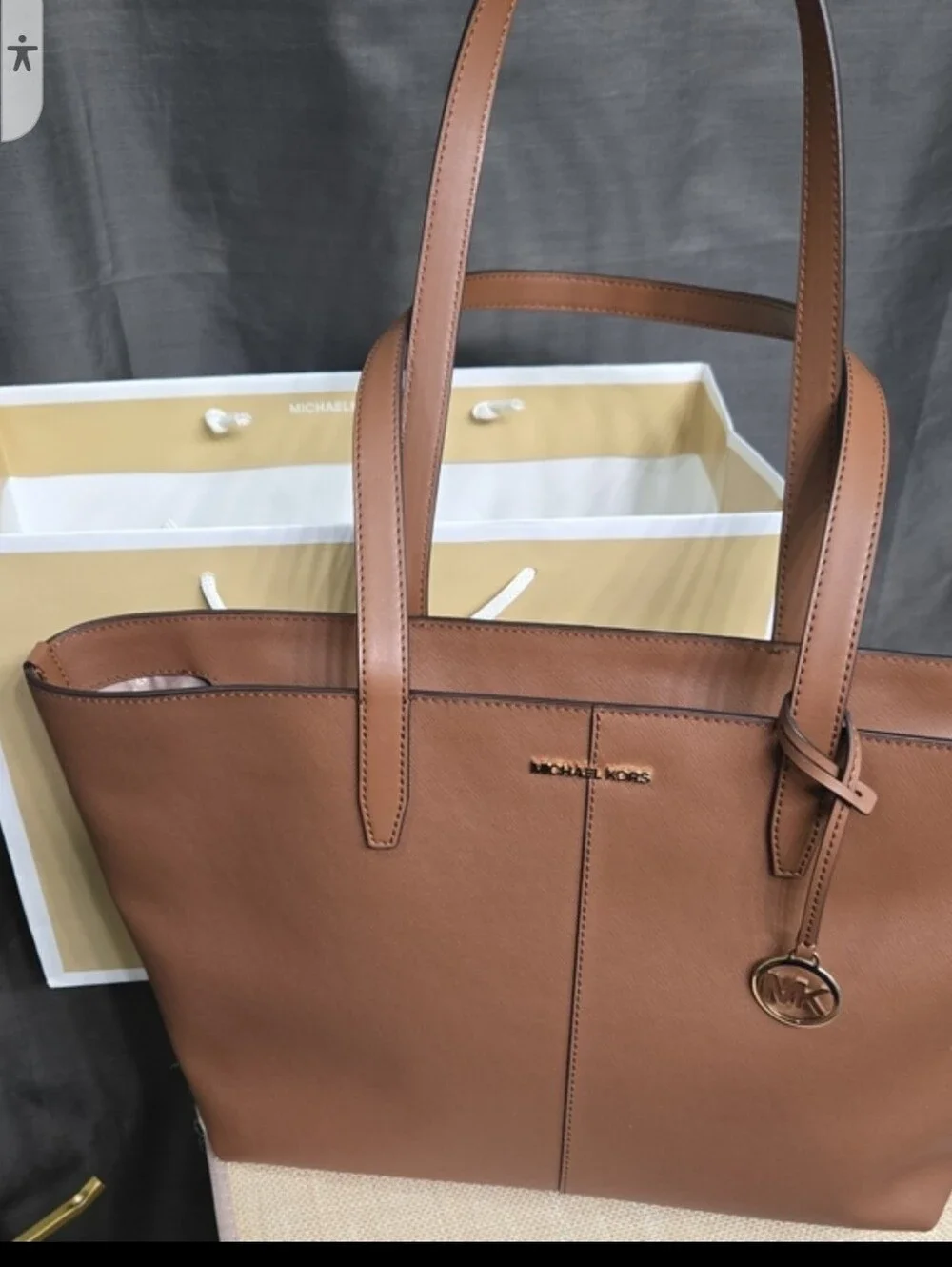 Michael Kors Brown  Leather Medium Zip Top Tote with Gold MK Charm